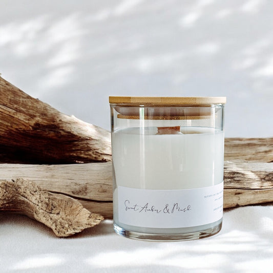Amber and musk scented candle front side